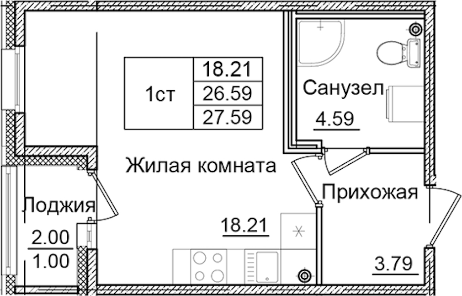 Квартира студия 27.59 м², 2/9 эт., ЖК «Квартал Заречье»